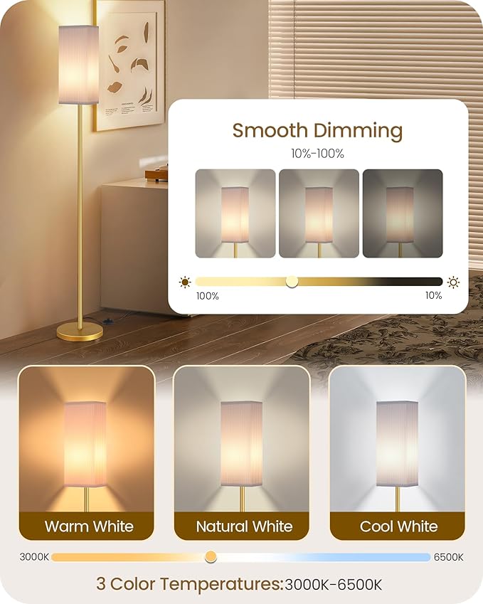 2Pack 64.2” Dimmable Floor Lamp for Living Room with Remote & Foot Switch, Corner Floor Lamp for Bedroom, Includes A19 Bulb, Modern Standing Tall Lamp, ETL Listed White and Gold DCW17LDP205