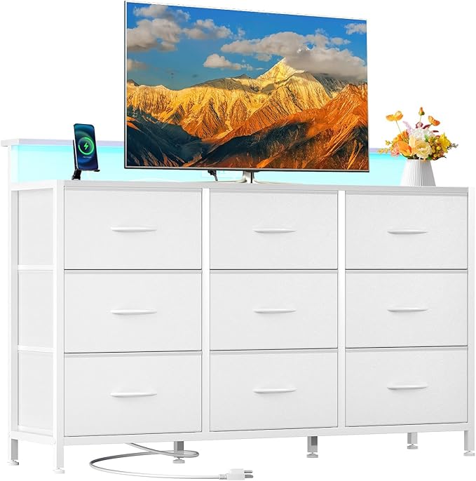 DUMOS TV Stand Dresser with 9 Fabric Drawers and Open Shelves, Entertainment Center with LED Lights, Charging Station for Bedroom, Wood Top Media Console for 45-55 inch TV Stand with Storage, White