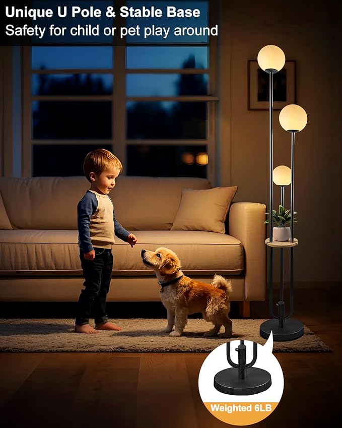 Lightdot LED Floor Lamp Dimmable Globe Floor Lamps with Shelf Mid Century Modern Black Standing Lamp Candle Holder Style Soft Eye-Caring for Bedroom Living Room/Bedroom/Sofa Beside/Corner Decor
