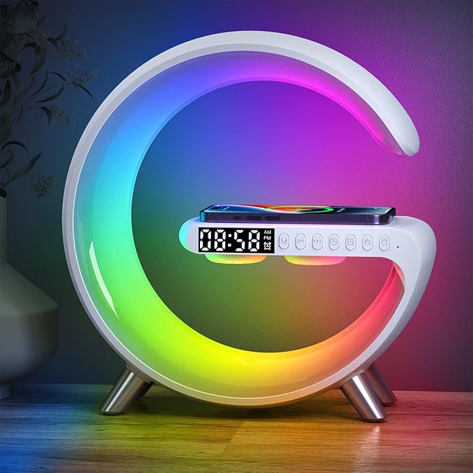 Smart LED Table Lamp,4 in 1 Night Light,Wireless Charger,Alarm Clock and Bluetooth Speaker with App Control Color Changing Atmosphere Table Lamp for Bedroom, Office, Home Decor