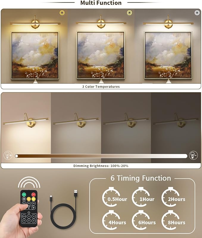 JOOSENLUX Battery Operated Picture Lights Modern Wireless Wall Lights 24.4" Inch Dimmable Under Counter Lights for Kitchen with Swing Arm as Canvas Wall Sconce Light Brass 3000K CRI95+