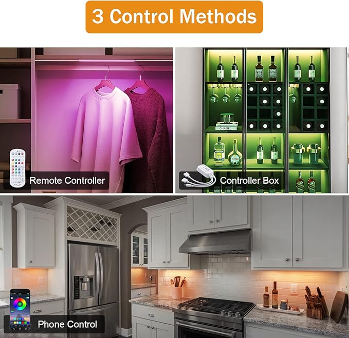 LABOREDUCER RGB Under Cabinet Lights,6 Pack Plug in or Hardwired Linkable RGB LED Closet Light with Remote and APP Control,24V Under Cabinet Lighting for Kitchen Closet Counter 18W(RGB+Warm White)