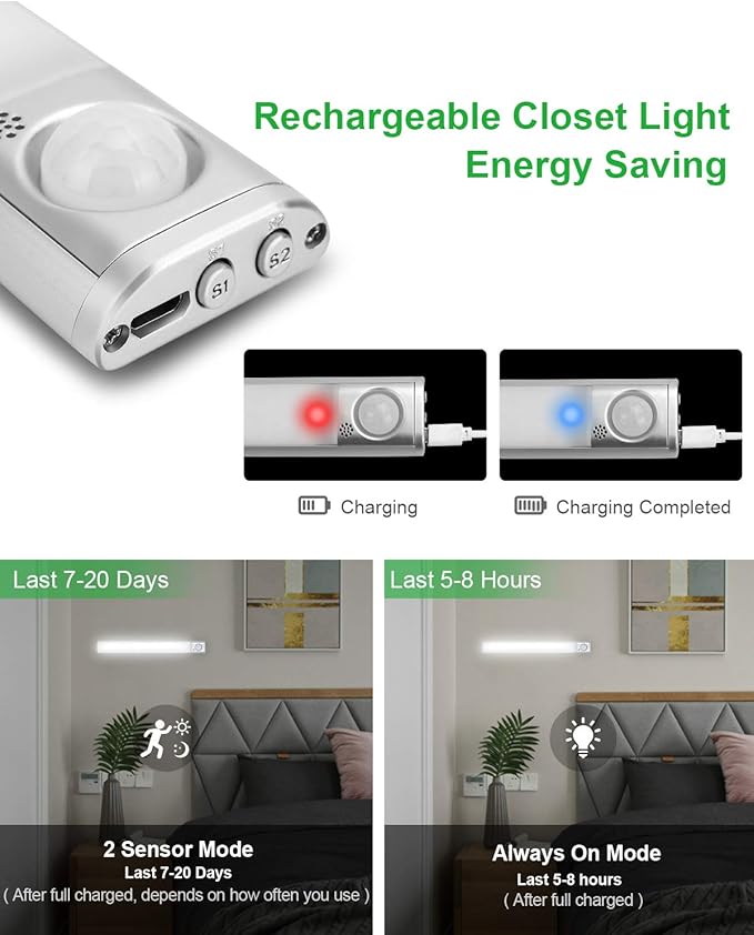 goodland Under Cabinet Lighting 80 LED Closet Light, Motion Sensor Lights Indoor USB Rechargeable Dimmable Stick-on Night Light Bar for Kitchen, Wardrobe, Garage, Stairs, Bedroom (3 Packs)