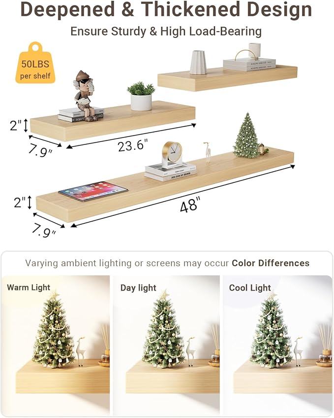 White Oak Floating Shelf for Wall Set of 3, 2 Inch Thick Wood Floating Shelves Wall Mounted, 8" Deep Floating Shelf for Kitchen Living Room Bathroom Laundry Office, 50LBS Capacity (24 & 48In)