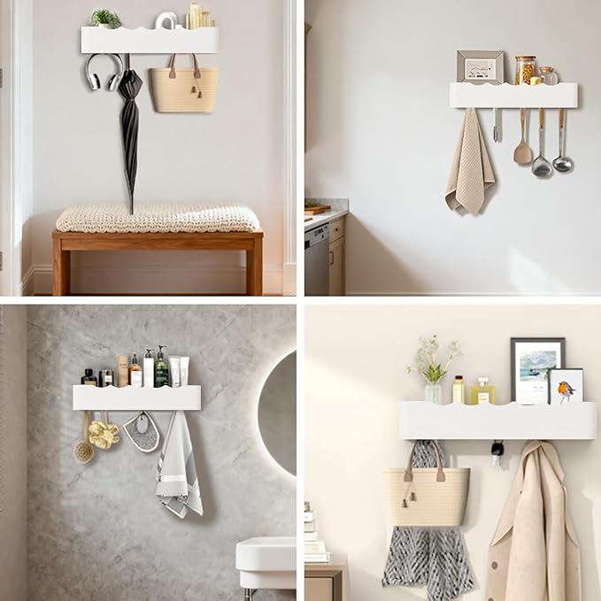 Coat Rack Wall Mount Entryway Organizer Modern Key Holder Wall Mount with Wooden Shelf Entryway Hooks for Bedroom Kitchen Hallway Bathroom for Hanging Coats Hats Dog Leashes Bags Towels