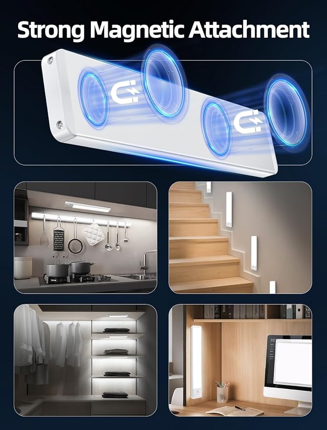 Under Cabinet Motion Sensor Lighting: 12 Inch Dimmable Rechargeable Lights Indoor - Battery Operated Lights - Undercabinet Closet Light Magnetic Led Light for Kitchen Home Bathroom Counter 5 Pack