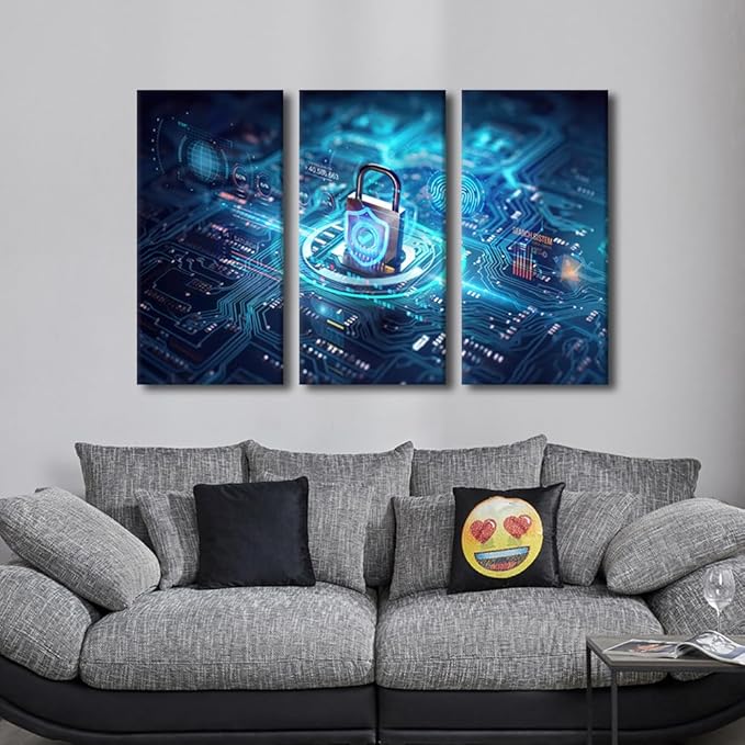 TUMOVO 3 Panels Canvas Print Art Motherboard Closeup and Safety Lock with Login and Connecting Verified Credentials Pictures Poster, Modern Art for Living Room Decoration Ready to Hang, 36" Wx24 H