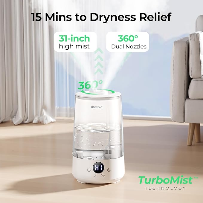 Homvana Humidifiers for Bedroom Home, 3.6 L Cool Mist Top-Fill 34H Super Long Time, Quiet 23dB, Baby Humidifier, Oil Diffuser for Large Room, House, Plant, Nursery, BPA FREE, Ultrasonic (Transparent)