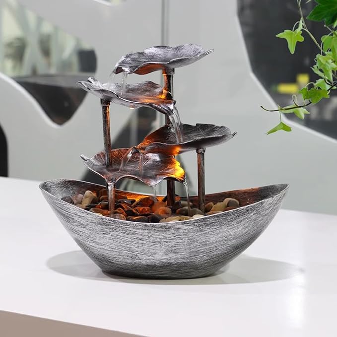 Meditation Decor, Desktop Lotus Leaf Yuanbao Flowing Water Fountain Decoration Living Room Screen Porch Home Decoration, LED Atmosphere Night Light,Office Home Decoralth (B)