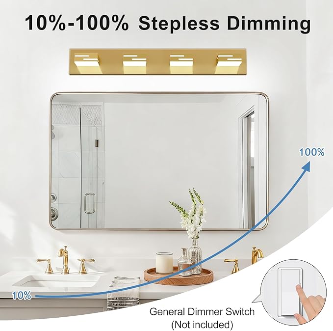 LED Modern Bathroom Vanity Light Fixtures, 4-Light 28-inch Dimmable Gold Vanity Lights for Bathroom Lighting Fixtures Over Mirror, with 350° Rotatable Heads (Cool White 6000K)