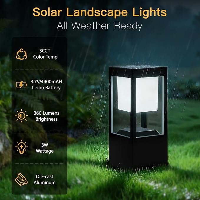 Solar Floor Lamp Outdoor Waterpoorf, Modern Die-cast Aluminum Led Lanterns for Patio Porch, Bollard Landscape Lighting for Garden Yard Walkway, Remote Control, 3CCT, Dusk to Dawn (4 Pack)