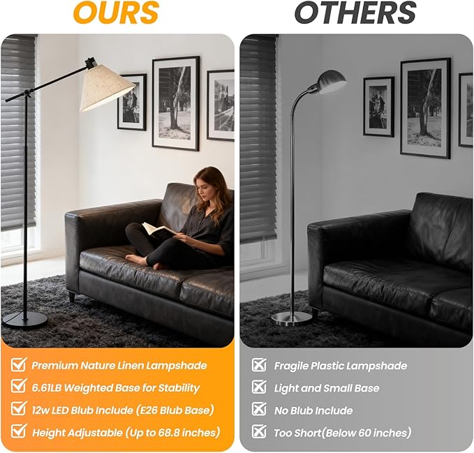 Remote Floor Lamp for Living Room and Bedroom - Modern Tall Standing Lamps with Led Bulb and Dimmable Light - Black Arc Stand Lights with Shade for Home Decor, Office, Reading and Corner