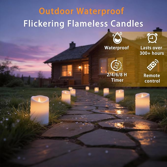 Outdoor Flameless Candles, Patented 3D Dual-LED, Set of 9 Slanted Resin Pillars with 2 Remotes, Pure White Waterproof Non-Melting Battery Operated Large Set for Modern Fireplace, White