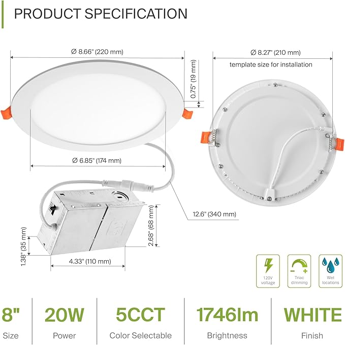 ASD 1 Pack 8 Inch LED Recessed Light 20W, 5 CCT 2700K-5000K CRI90+, IC Rated Ultra Thin Dimmable Ceiling Lights with J Box, Canless Wafer Downlight, Round Slim Panel Lighting, UL Listed, White