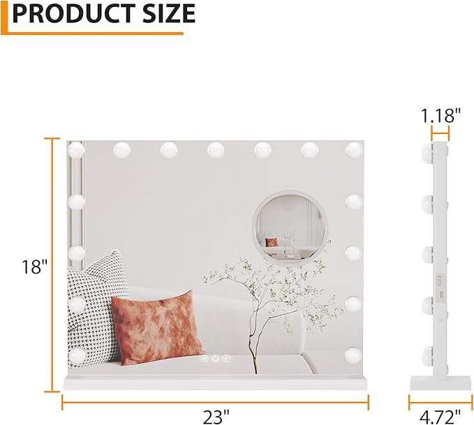 IDEALHOUSE Vanity Mirror with Lights, 23''x18'' Tabletop LED Makeup Mirror, 3 Color Lighting Modes, USB Charging Port Touch Control, Detachable 3X Magnification Mirror, Tabletop or Wall-Mounted