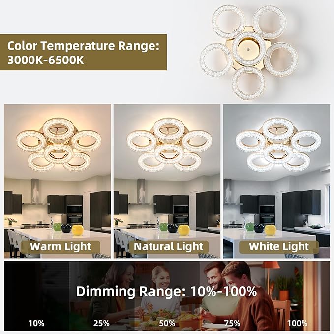 OKELI Modern Ceiling Light, 6 Rings 17.7'' Dimmable LED 60W Flush Mount Ceiling Lights with Remote Acrylic Crystal Round Ceiling Light Fixture, Bedroom Living Room Dining Room, Gold