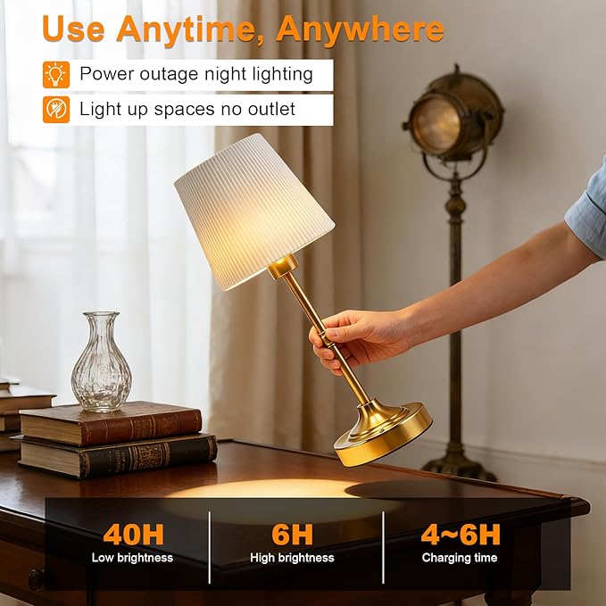 Cordless LED Table Lamp Rechargeable-5200mAh Battery Operated Lamp with Stepless Dimming,Touch Control/Smart Memory,Portable Wireless Lamp for Kid's Room/Dining Table/Bedroom/Home Decor