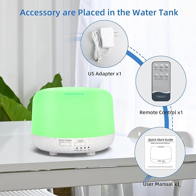 300ML Essential Oil Diffuser, Cool Mist Air Aromatherapy Oil Diffuser with Remote Control, 8 Hour Quiet Home Diffuser, 7 LED Light Colors, Timer,for Small Rooms Bedrooms.