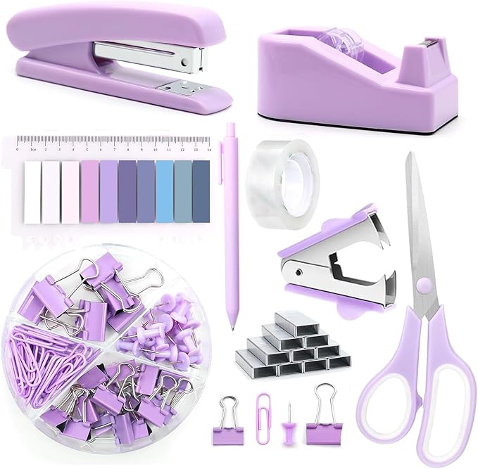 suniya Office Supplies,Desk Accessories,Tape Holder,Stapler,Scissor,Staple Remover,Box of Binder Clips,Staples,Ballpoint Pen,Lndex Tabs,Clear Tape,Office Supplies Set(Purple)