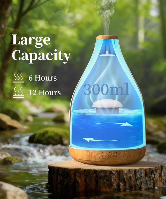 Essential Oil Diffuser for Home, 300ML Modern Décor Aromatherapy Diffusers Large Room Fresh Air Scent, Ultrasonic Cool Mist Humidifier & Color Light, 1-3-6H Timer Auto Shut-Off, Brown