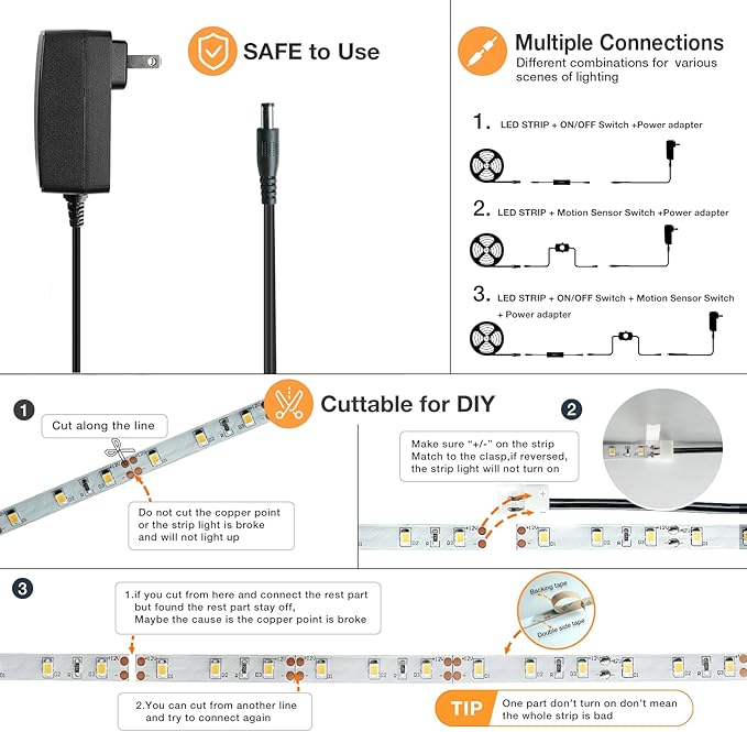 Sensky Motion Sensor LED Under Cabinet Lighting Kit Extendable Under Counter LED Light with Motion Sensor, Power Adapter for Gun Safe Light, Shelf, TV Wall Lighting (8.2FT,3000-3500K)