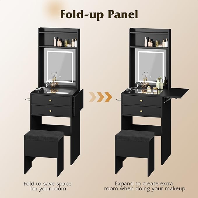 WLIVE Small Black Vanity Desk with Mirror and Lights, Compact Makeup Vanity Set with Fold-up Panel and Chair, Dressing Table with Charging Station for Small Space, Bedroom