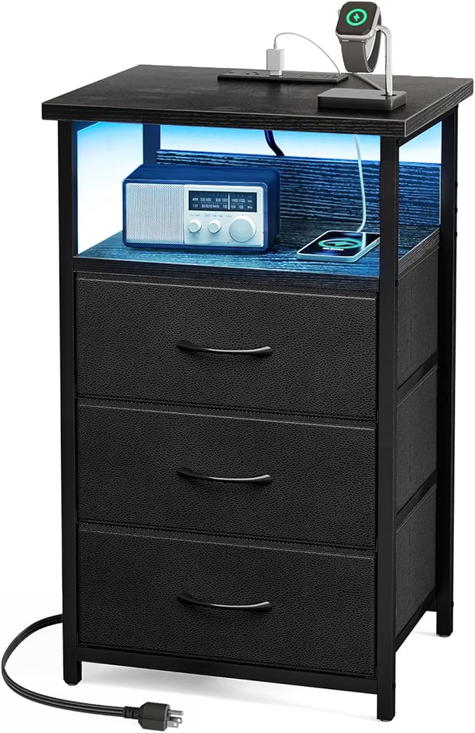 Fixwal Night Stand with 3 Fabric Storage Drawers, LED Nightstand with Charging Station, Bedside Table, Black