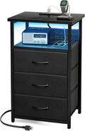 Fixwal Night Stand with 3 Fabric Storage Drawers, LED Nightstand with Charging Station, Bedside Table, Black
