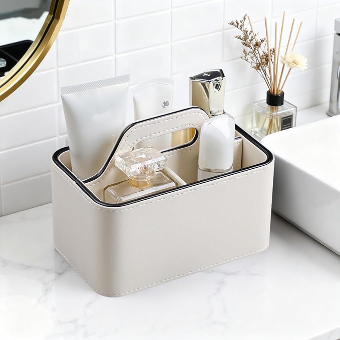 Caddy Organizer with Handle, PU Leather Remote Control Holder Desk Caddy, Portable Makeup Remote Organizer for Table, Nightstand, Office (Cream)