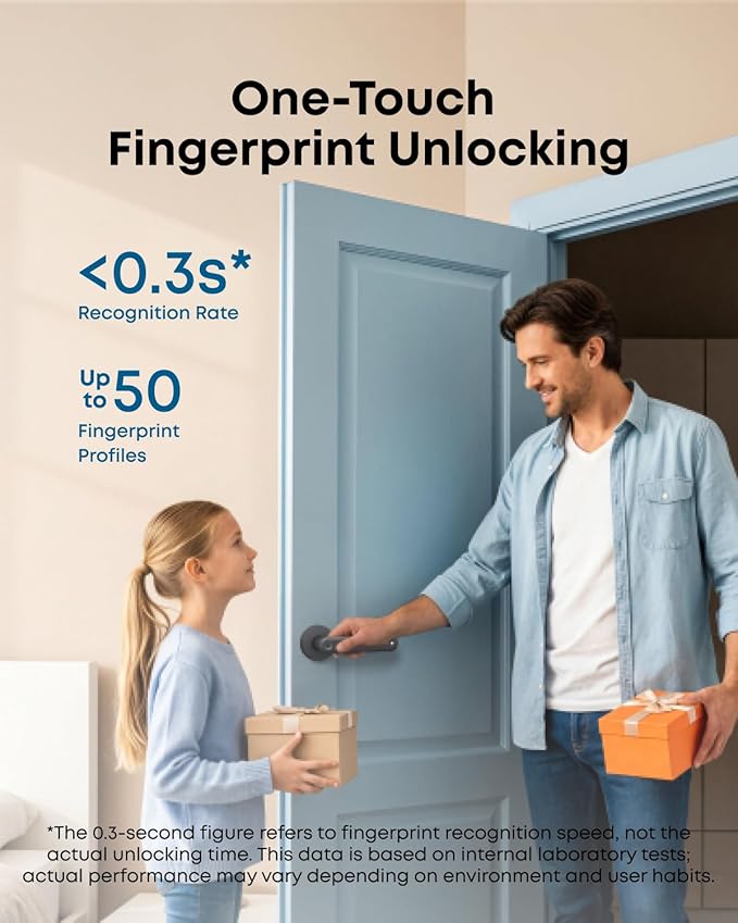 eufy Security Smart Lock FamiLock C32, Fingerprint Keyless Entry Door Lock with Handle for Interior Doors, Built-in Wi-Fi (2.4 GHz Only), App Control, Auto Lock, 4 AA Batteries, Alexa/Google