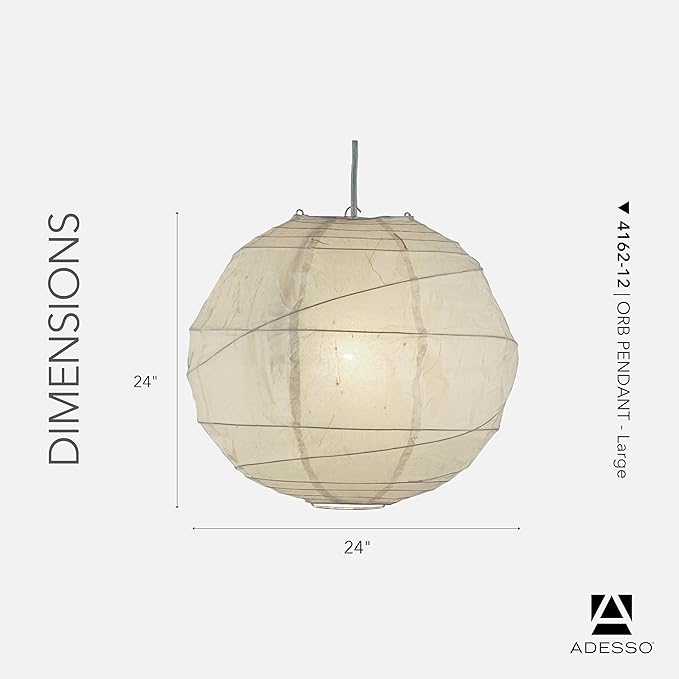 Adesso Orb Large Pendant with Collapsible Rice Paper Shade – 15ft Cord, 24” Diameter – Stylish Ceiling Lighting