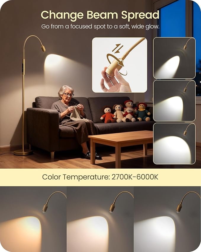 Reading Floor Lamp, 74.2" Tall LED Lamp, with 360° Flexible Gooseneck & Touch & Remote Control, Ajustable Color & Beam, Crafts Standing Lamp, for Reading, Task Craft, Living, WD16LD05