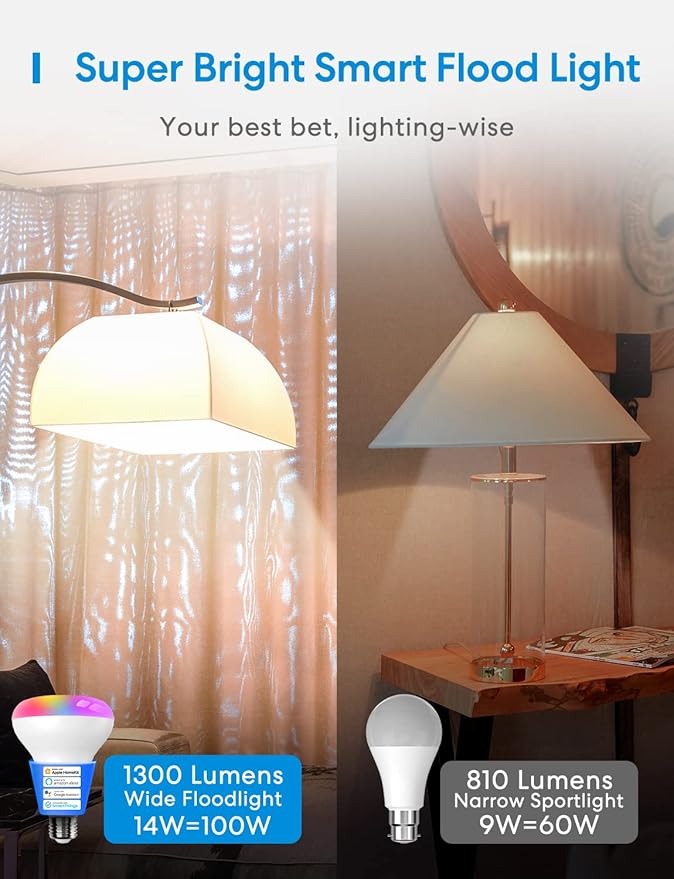 Meross Smart Light Bulb, BR30 Flood WiFi LED Bulbs Compatible with Apple HomeKit, Alexa, Google Assistant & SmartThings, Dimmable E26 Multicolor 2700K-6500K RGBCW, 1300 Lumens 100W Equivalent, 1 Pack