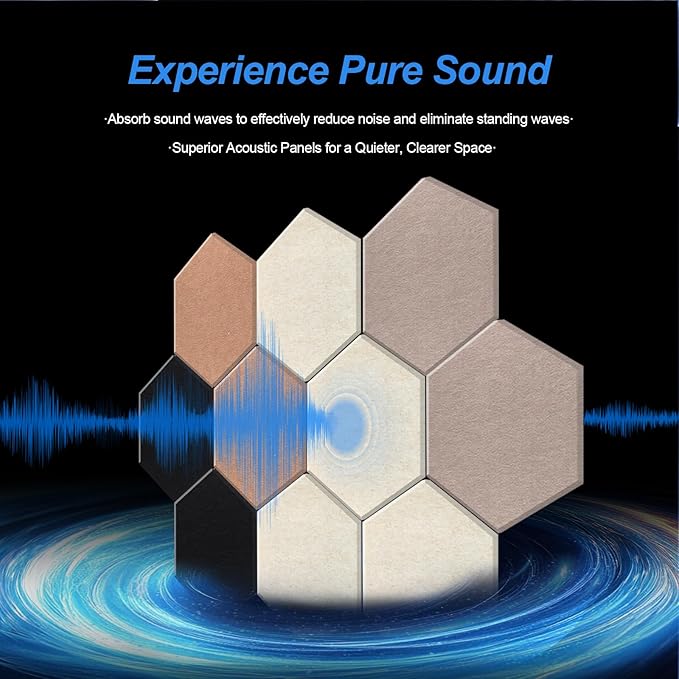 Mollywell Hexagon Acoustic Panels 14x12 - Reduce Echo & Reverb, Noise Blocking Wall Tiles for Living Room & Bedroom, Deep Camel, Deep Brown, Black, Beige Sound Absorbing Panels
