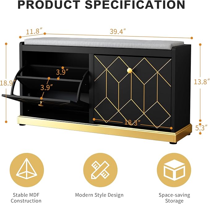 HLR Modern Shoe Bench with Storage, Entryway Bench with 2 Flip Drawer & Padded Cushion Seat, Shoes Storage Bench for Hallway, Closet, Living Room, Black Shoe Storage Cabinet with Bench
