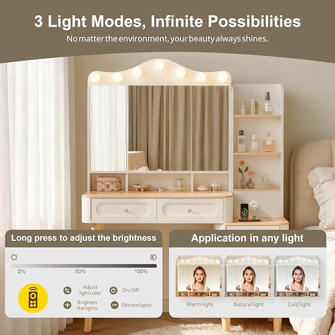 Vanity Desk with Mirror and Lights,Makeup Vanity with 2 USB Power Strip,Vanity Set with Two Drawers and Three-drawer Chest, 3 Lighting Modes Adjustable Brightness, Foldable Three-sided Mirror(White)