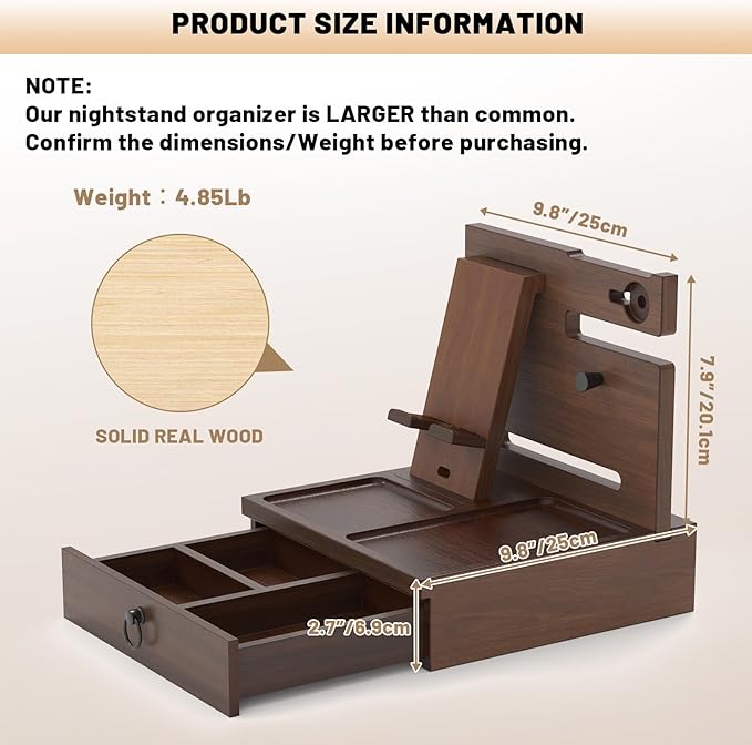 Wood Phone Docking Station, Nightstand Organizer with Drawer, Bedside Table Organizer for Watch & Accessories, Christmas Anniversary Birthday Gifts for Men,Dad,Husband