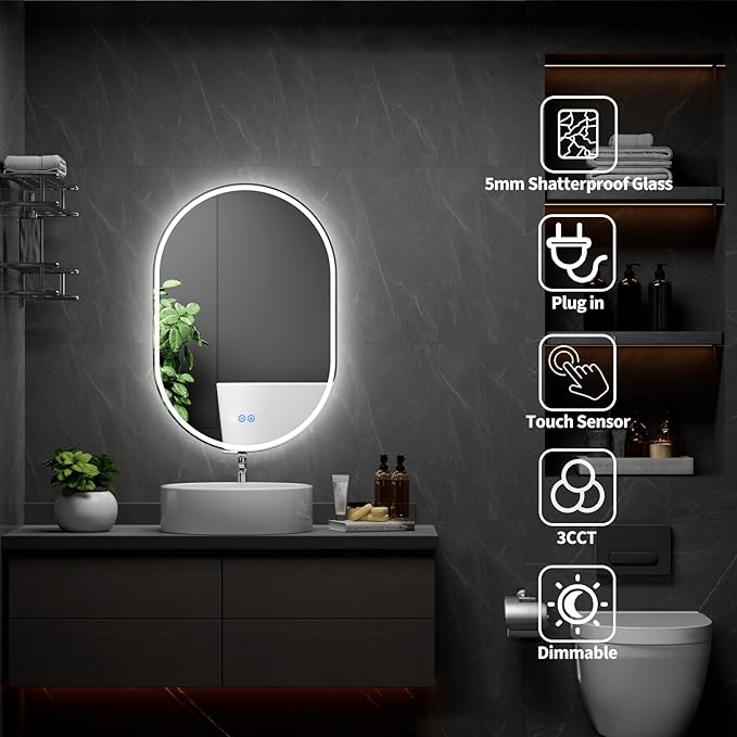 Oval LED Bathroom Mirror, 26"x 38" Frameless LED Mirror with Front Light and Backlit, Anti-Fog, Dimmable Modern Wall Mounted Lighted Mirror，Pill-Shaped Smart Mirror Bathroom