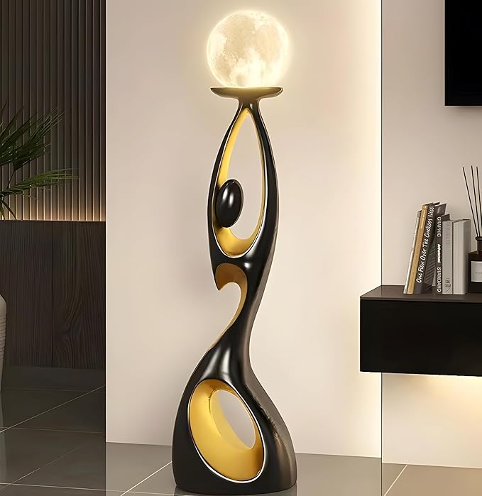 Bofea-Mid Century Modern Floor Lamp,Unique Corner Decorative Reading Standing Light,Rechargeable Moon Standing Lamp Or Resin Creative Stylish Decor Lamps for Living Room,Bed Room. (Black)