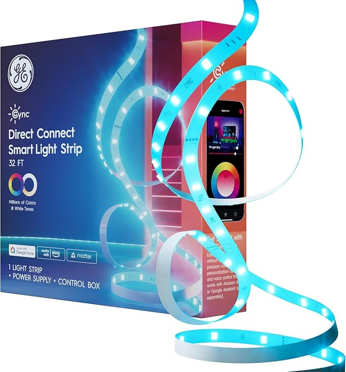 GE Cync Smart LED Strip Light, Color Changing Room Decor LED Light Strip, Works with Alexa and Google Home, Matter Compatible, LED Lights for Bedroom, Millions of Colors and White Tones, 32 Feet