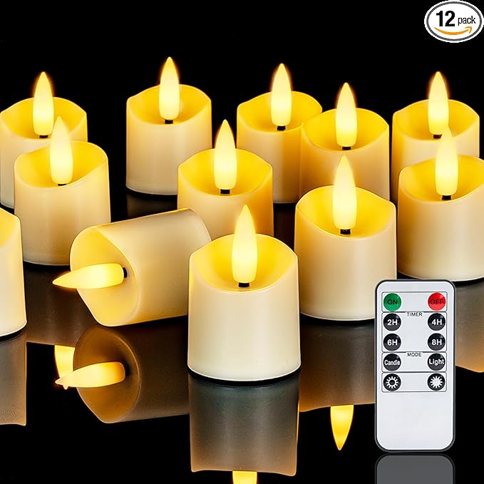 Homemory 12Pack 400+ Hour Remote Control Candles, 2/4/6/8H Timer LED Votive Candles, Battery Operated Tea Lights in Warm White for Outdoor, Table, Wedding, Christmas (Ivory, Batteries Included)