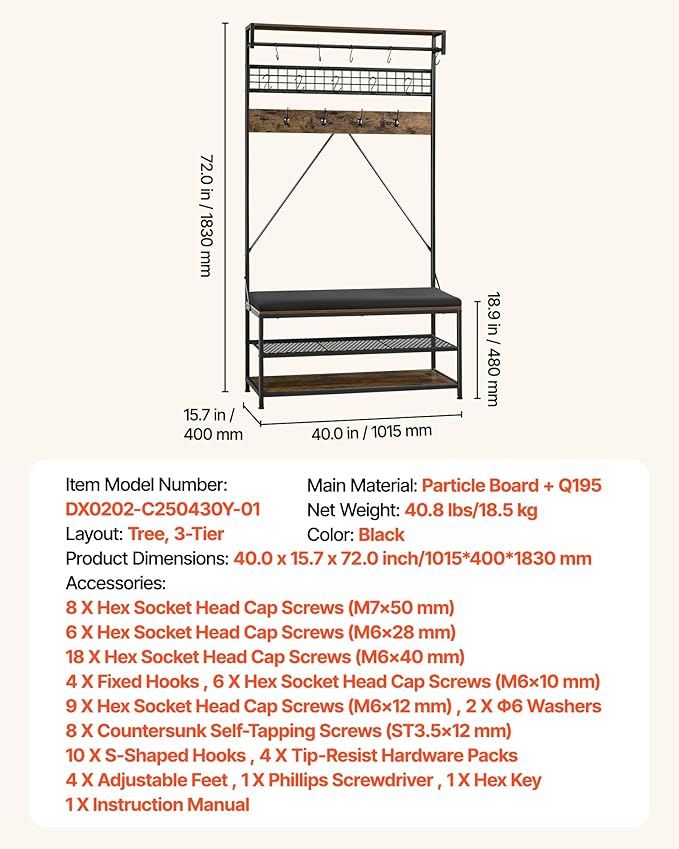 VEVOR Hall Tree with Bench and Shoe Storage, 2 Tier Entryway Bench with Coat Rack, Shoe Rack Storage Organizer with Soft Cushion, Hooks and Hanging Rod for Entryway, Hallway