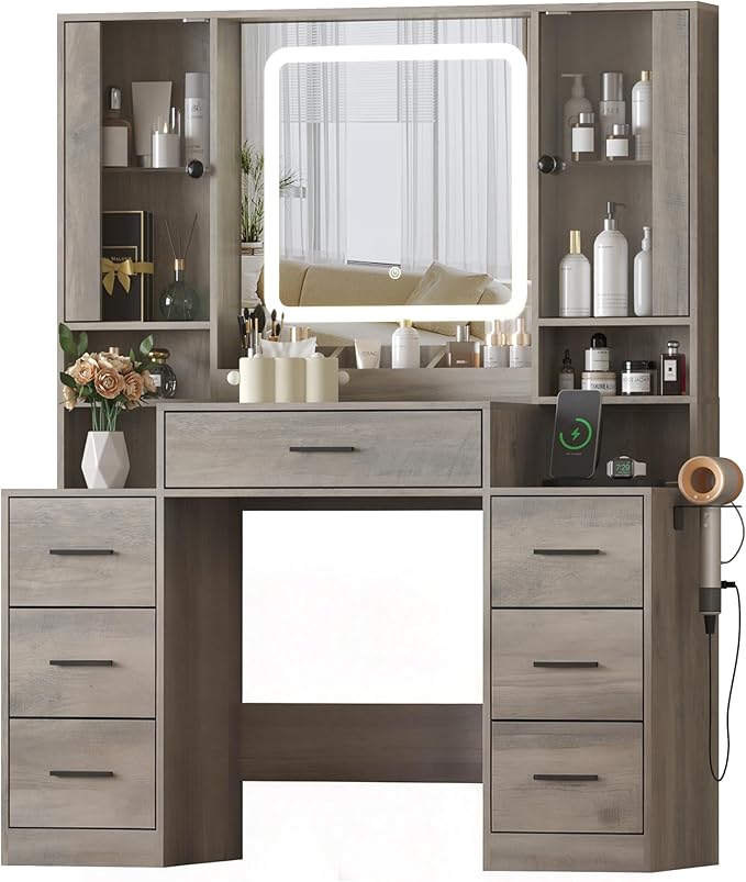 Grey Makeup Vanity Desk with Mirror & Lights, Modern Vanity Table with Charging Station, 7 Drawers, Glass Cabinet, Adjustable Shelves, Bedroom Dressing Table Set for Women & Girls