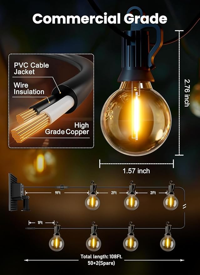 Brightown 108FT 52LED Solar String Lights Outdoor with Remote & USB Port, Shatterproof Bulbs, Dimmable & Timable, 3 Modes, Patio Lights Solar Powered with Mount Clips for Camping Backyard Garden Decor