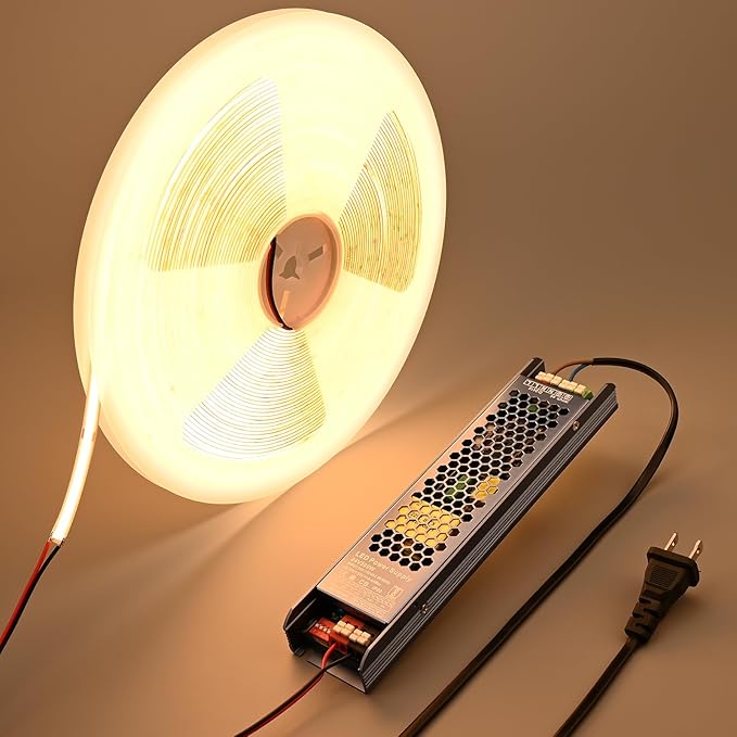 24V COB LED Strip Lights 65.6ft Kit, 3000K Warm White Cuttable Adhesive 480LEDs/M CRI 90+ LED Tape Light with Power Supply for Bedroom Kitchen Living Room Ceiling