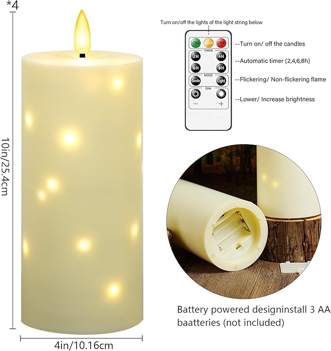 10" x 4" Large Outdoor Waterproof Flickering Flameless Candles with Timer,4Pcs Battery Operated LED Pillar Candles with Embedded Star String for Outdoor Lanterns,Porch,Patio Decor(Ivory)