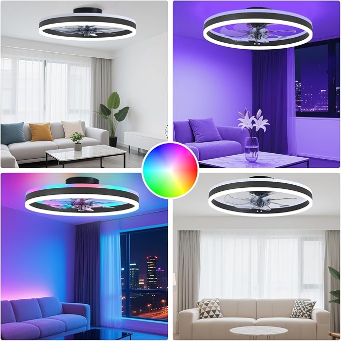 RGB Ceiling Fans with Lights, 19.7" Smart Low Profile Ceiling Fan, Modern Flush Mount Fandelier Light with Remote/APP Control, Dimmable Led Ceiling Fan Light for Living Room, Bedroom, Indoor