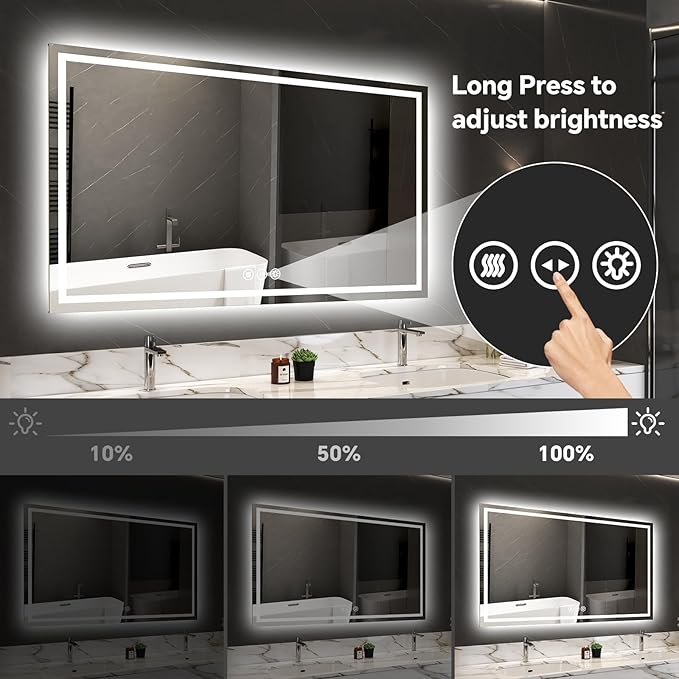 LED Bathroom Mirror 36x60 Inch Anti-Fog Bathroom Mirror with Lights, Wall Mounted Lighted Vanity Mirrors, Dimmable, Backlit + Front Lit, Smart Bathroom Vanity Mirror with 3 Colors Temperature