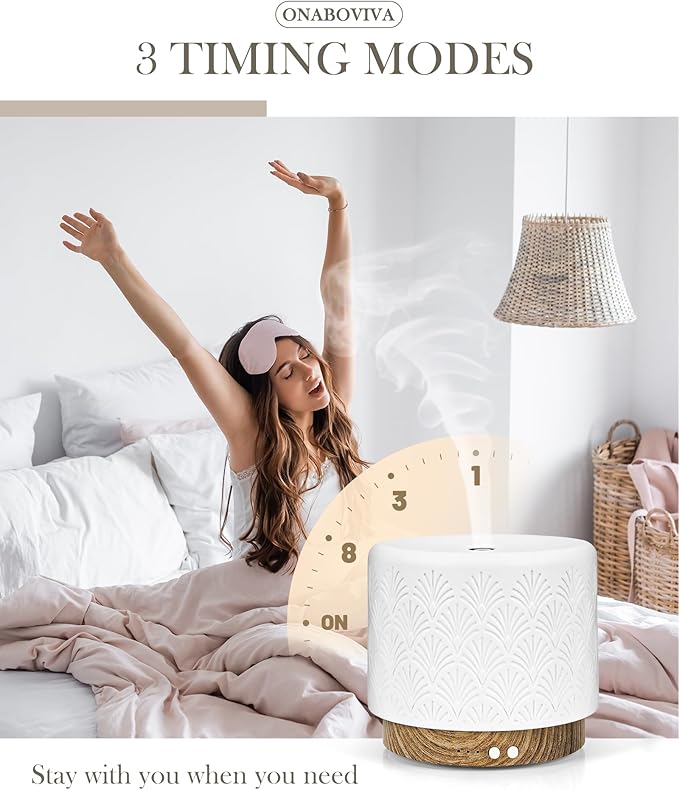 Essential Oil Diffuser -280ml Ceramic Diffuser for Large Room&Commercial Use, 2.4MHz Cool Mist Humidifier & Independent Decorative Light & Aromatherapy Diffuser, Pulse&Continuous Mist, Timer, Auto-Off