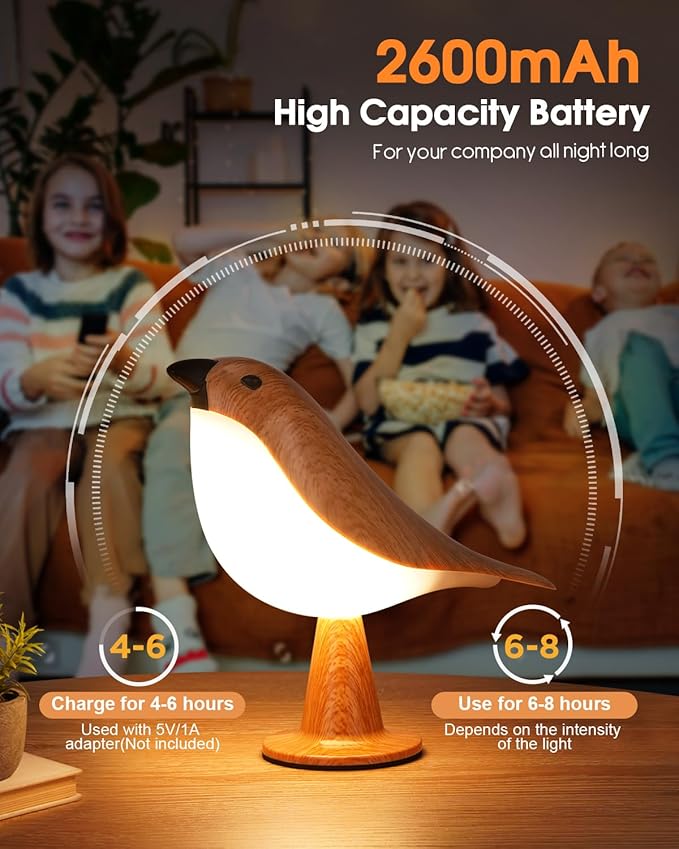 Small Bird Table Lamp, 2600mAh Touch Cordless Bedside Lamp with Remote Control, 3-Color Dimmable Kids Night Light, Rechargeable Desk Lamp with Timer and Bird Sounds for Toddler Kids Bedroom Nightstand